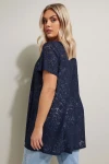 Büyük Beden V Yaka Kısa Kollu Astarsız Dantel T-shirt 304095