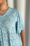 Büyük Beden V Yaka Kısa Kollu Dantel Detaylı Astarsız Bluz 302957